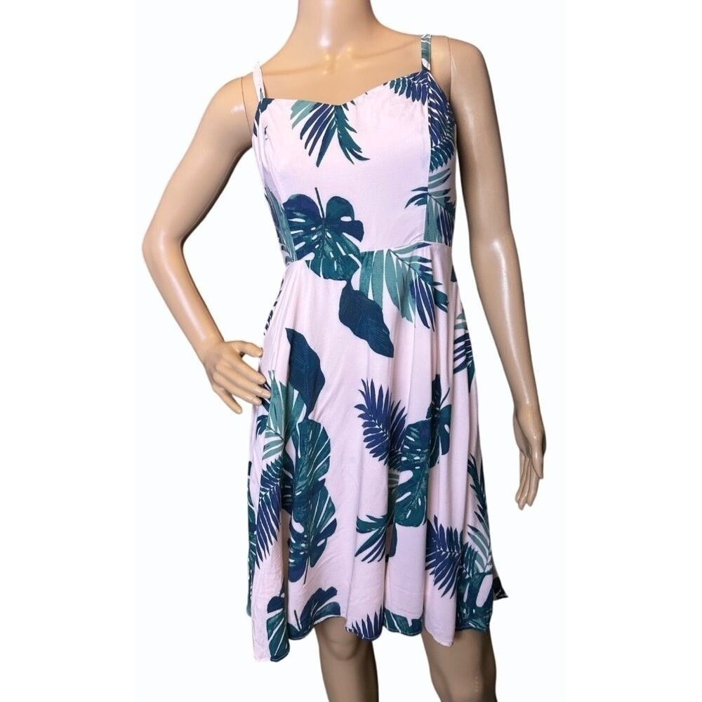 Cami Dress Adjustable Straps Smocked Back Fit & Flare Pink Green Tropical Beach
